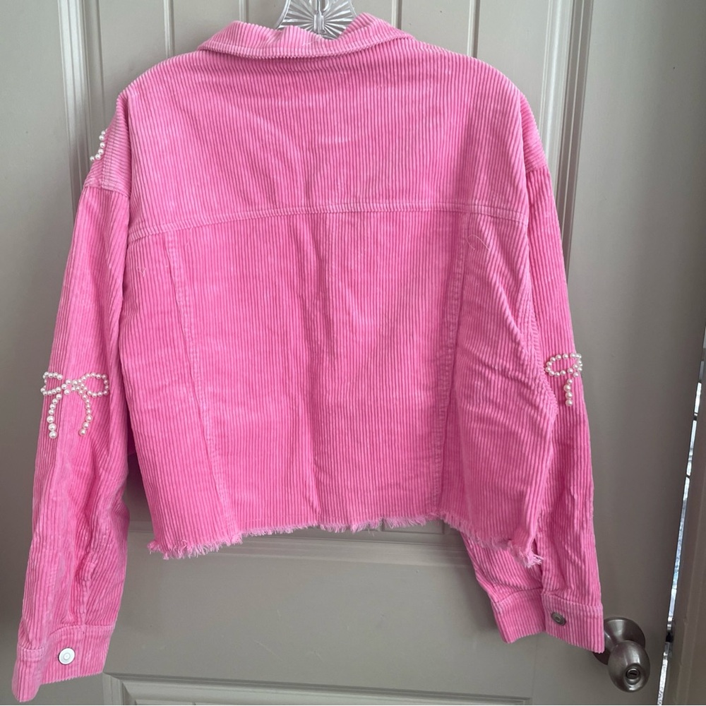 Peach Love California Pink Corduroy Bomber Jacket with Pearl Embellishments - Picture 6 of 8